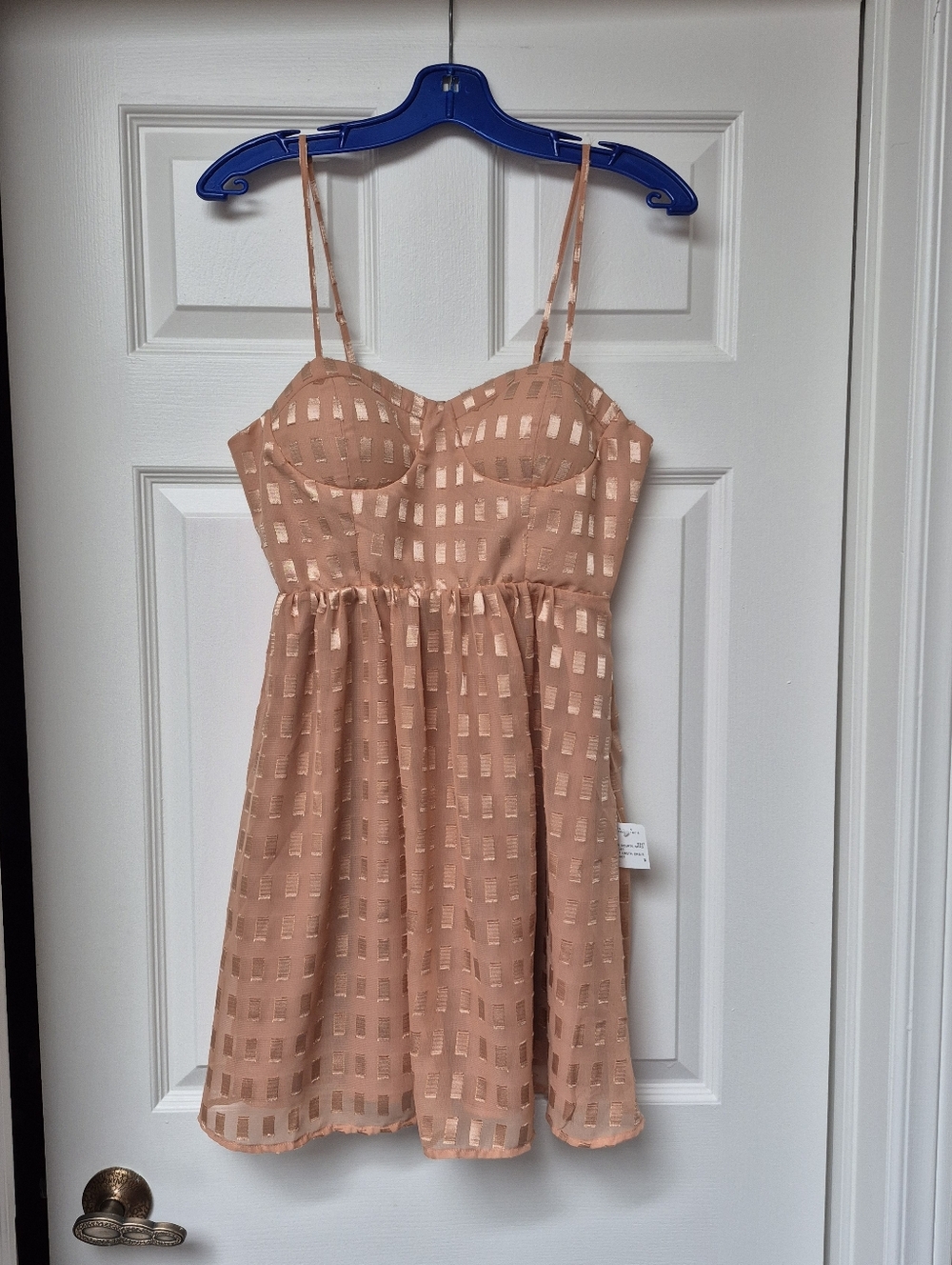Forever 21 Apricot Metallic Check Lined Spaghetti Strap Dress SZ Large New W Tag